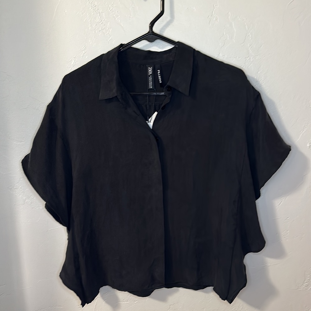 NWT Zara Lyocell black button down blouse XS